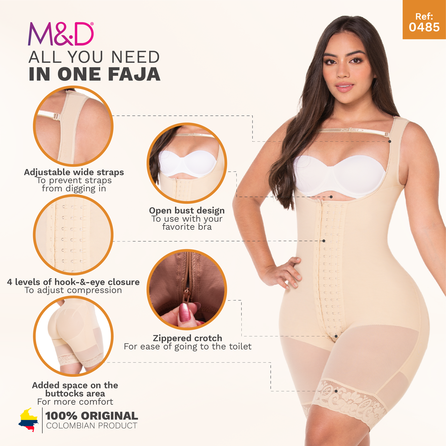 Fajas MYD 0485 Women Post Surgery Mid Thigh Shapewear Bodysuit for Guitar and Hourglass Body Types