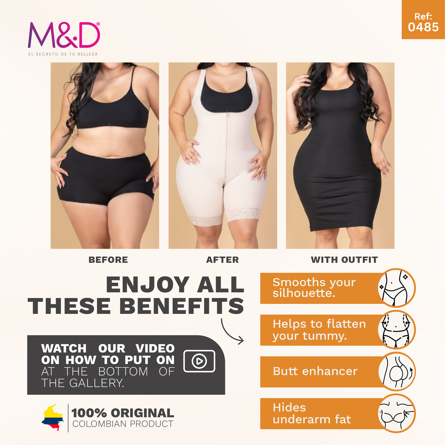 Fajas MYD 0485 Women Post Surgery Mid Thigh Shapewear Bodysuit for Guitar and Hourglass Body Types