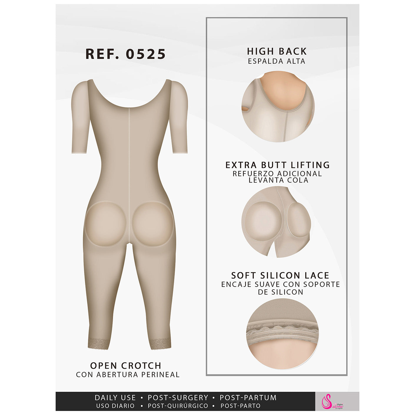 Fajas Salome 0525 | Post Surgery Bodysuit Full Body Shaper for Women | Tummy Control Butt Lifter Knee Length Shapewear with Sleeves | Powernet - Pal Negocio