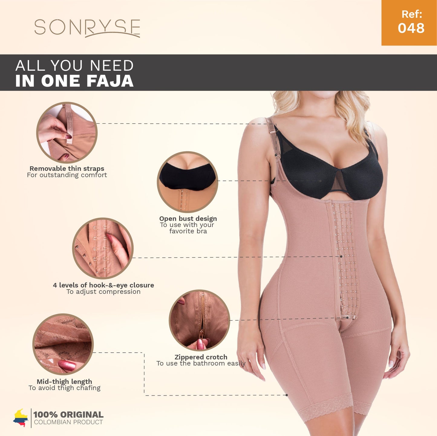 SONRYSE 048BF Post Surgery Open Bust Shapewear Compression Garment Mid Thigh Girdle For Post Surgery And Postpartum