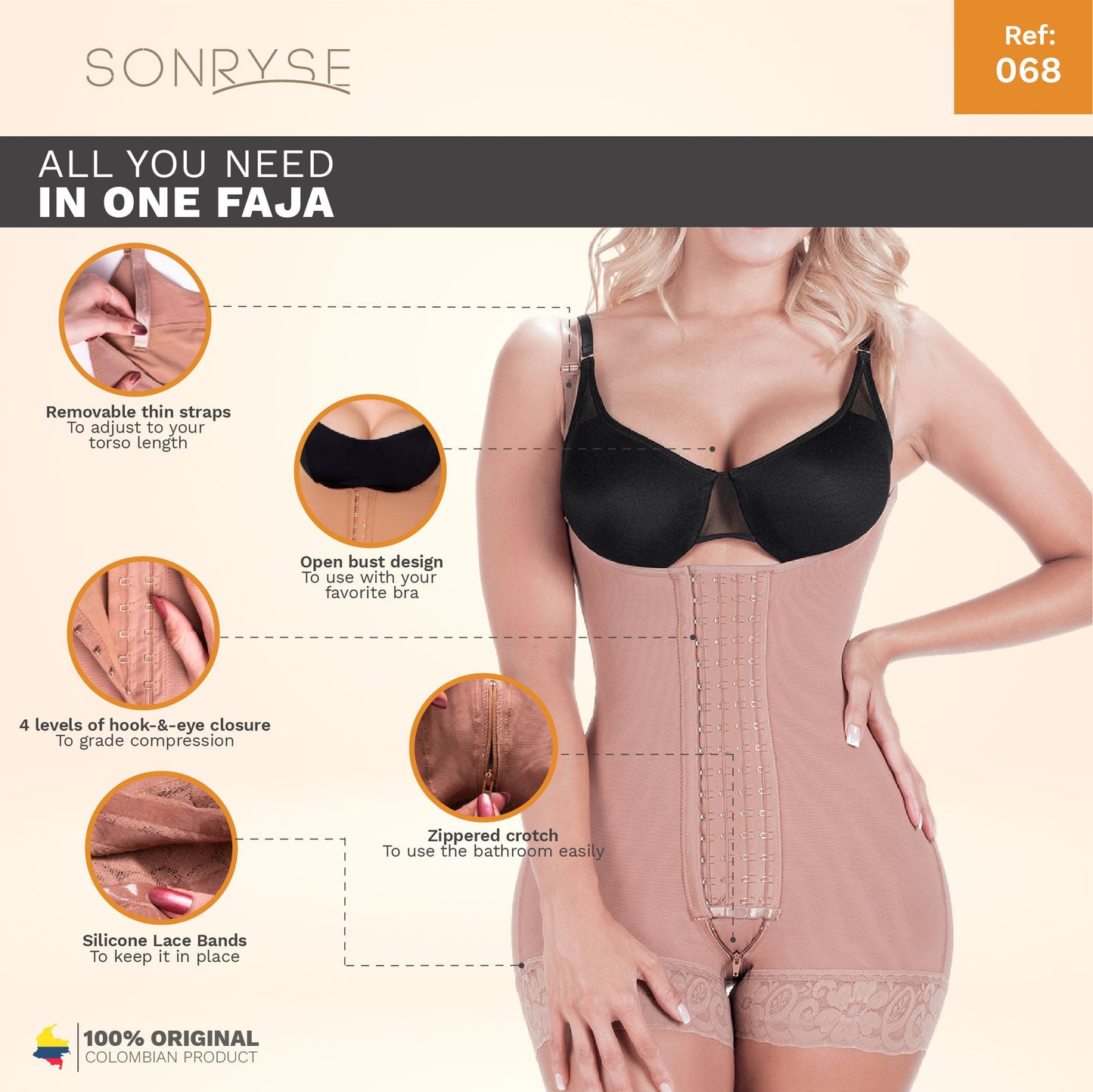SONRYSE 068BF  Postpartum & Post Surgery Tummy Tuck Lipo Compression Garment Open Bust Short Shapewear Bodysuit